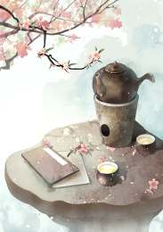 桃树下石桌上的静物古风水墨插画