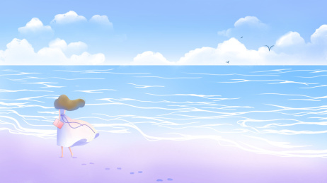 温和的海风中，在海边散步的少女