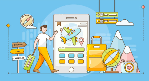 一个拉着行李箱的男人去旅行矢量插画