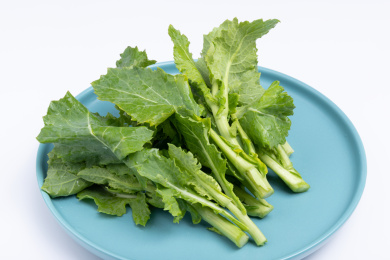 盘子里的绿色油菜尖蔬菜