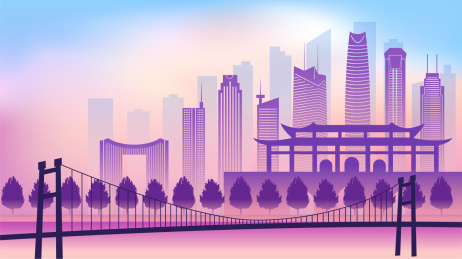 中国广东东莞市城市天际线矢量插画紫色