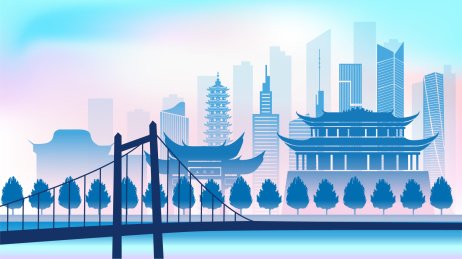 中国福建福州市城市天际线矢量插画蓝色