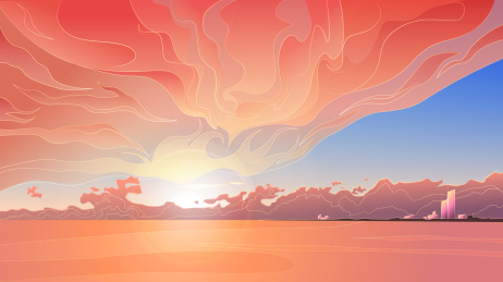 如火的夕阳和余晖中的建筑物矢量图