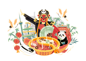 四川成都现代与传统结合脸谱大熊猫矢量插画