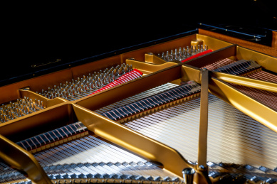 一架顶级大三角钢琴的内部琴弦结构特写