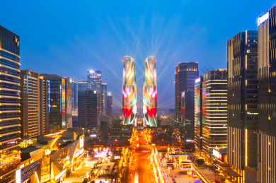 间四川成都高新区交子金融大街灯光秀