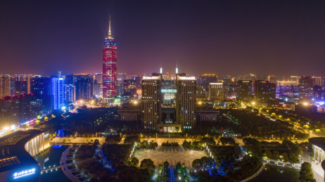 航拍江苏常州政府大楼与现代传媒中心夜景