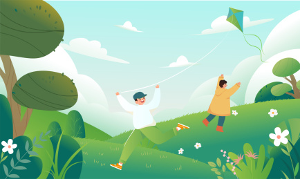 小孩子出游放风筝插画