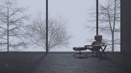 3d渲染有落地窗树木和单人沙发的家居装修