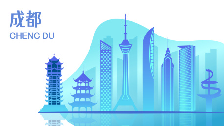 中国四川省成都市城市景观扁平矢量插画蓝色