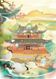 武汉晴川阁国风城市建筑插画