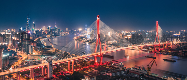 中国上海杨浦大桥夜景城市天际线