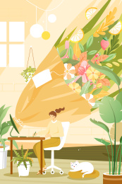 绘画花卉的女孩矢量插画