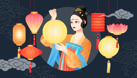 一个提着灯笼的汉服少女和花灯插画