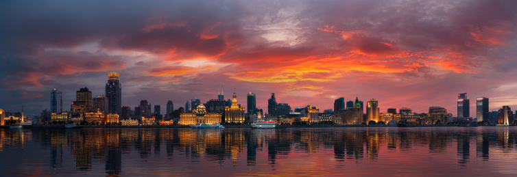 中国上海外滩建筑全景灯光晚霞倒影