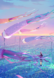 小女孩正在挑选最心爱的鱼旗