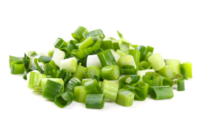 白底上放着一堆切段的小葱