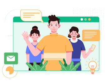 一个男生和两个女生站在网页前面打招呼矢量