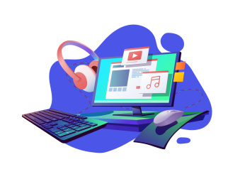 电脑上听音乐矢量扁平插画