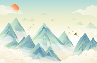 中国风传统山水云纹仙鹤插画