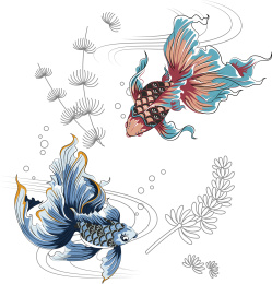 中国风国潮艺术双鱼嬉水插画