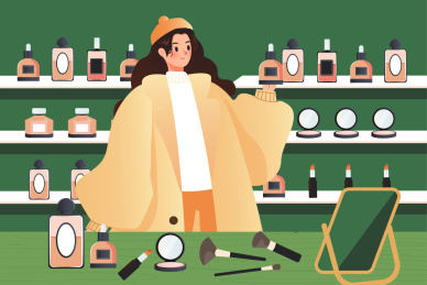 一个女孩正在柜台挑选化妆品插画