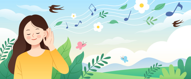 女孩用耳朵倾听大自然