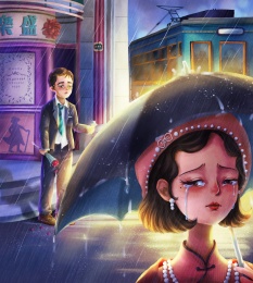 民国时期在电影院前雨中分手的情侣