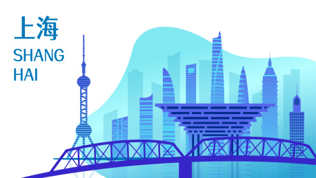  中国上海城市景观扁平矢量插画蓝色