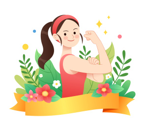 花丛中一位健身女性举着拳头