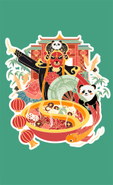 四川成都川剧大熊猫矢量插画