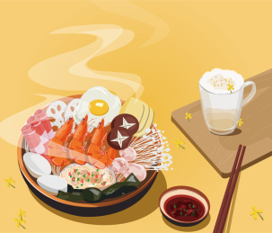 黄色背景上的美食大餐矢量插画