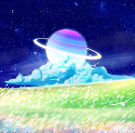 星空下草原上有一颗星球插画