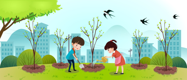 小学生植树绿化家园插画矢量图