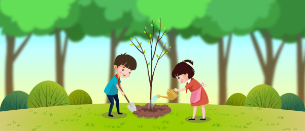 小学生植树绿化家园插画矢量图