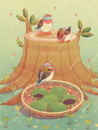 春天雨天青团和小鸟