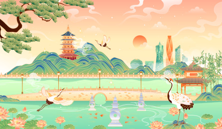 杭州西湖美丽的风景矢量插画