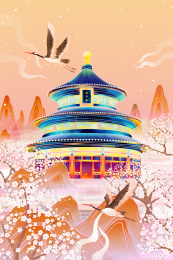 天坛春天樱花盛开美景插画海报背景