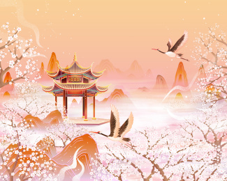 中国风山水樱花园林手绘插画海报背景