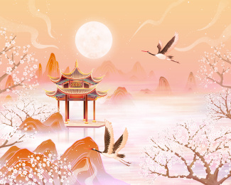 中国风山水樱花园林手绘插画海报背景