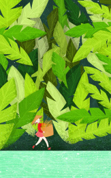 谷雨绿色森林红衣服小女孩原创插画海报画面