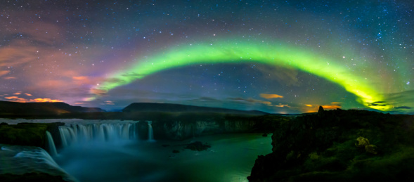 冰岛众神瀑布上空的极光拱桥接片