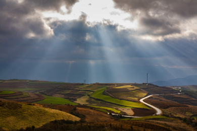 云南东川红土地瓦房梁子的晨曦中的的原野