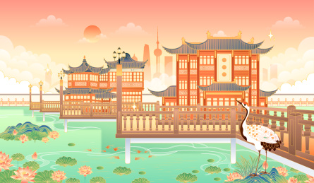 上海豫园城隍庙景区矢量插画