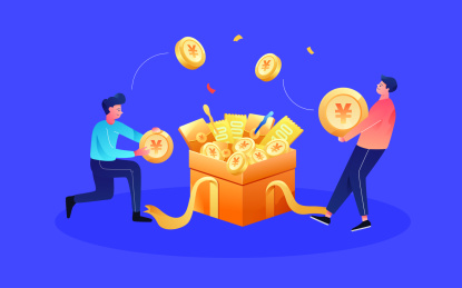 人物搬运金币进礼盒矢量插画