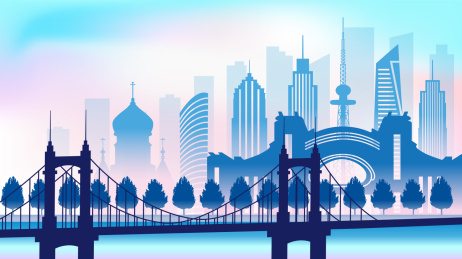 中国黑龙江哈尔滨市城市天际线矢量插画蓝色