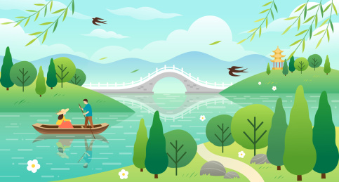 春天一对男女在公园划船