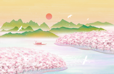 春季樱花盛开园林山水插画海报