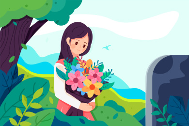 女孩拿着鲜花站在墓碑面前矢量插画