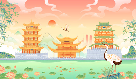 江南三大名楼古建筑矢量插画